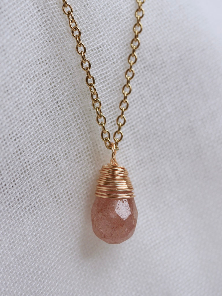 Wire Wrapped Strawberry Quartz Teardrop Necklace