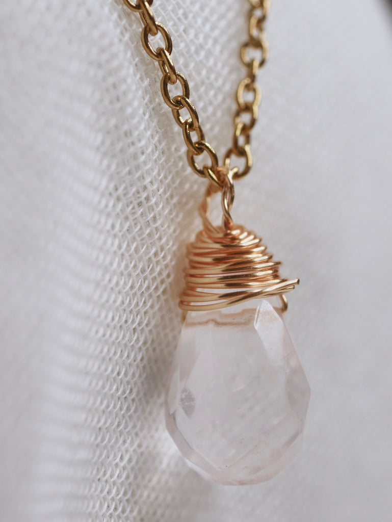 Wire Wrapped Rose Quartz Teardrop Necklace