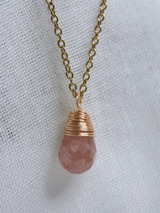 Wire Wrapped Strawberry Quartz Teardrop Necklace