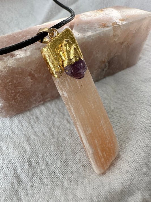 Peach Selenite & Amethyst Necklace