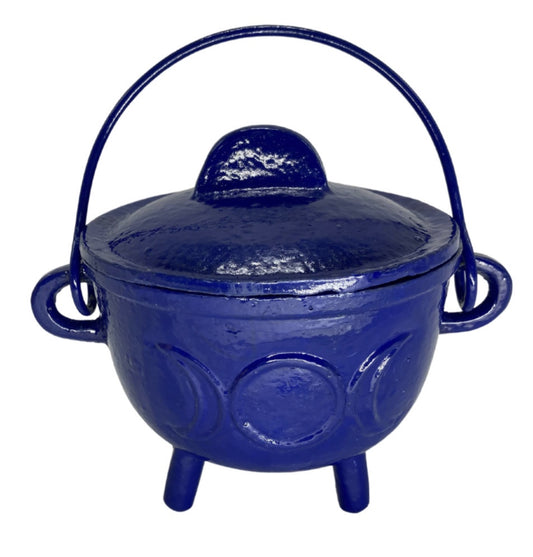 Large Triple Moon Cast Iron Cauldron w lid BLUE