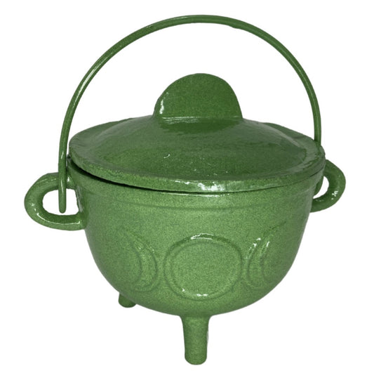 Large Triple Moon Cast Iron Cauldron w lid GREEN