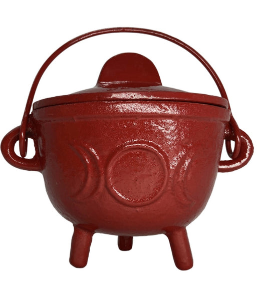 Large Triple Moon Cast Iron Cauldron w lid RED