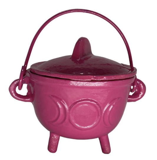 Large Triple Moon Cast Iron Cauldron w lid PINK